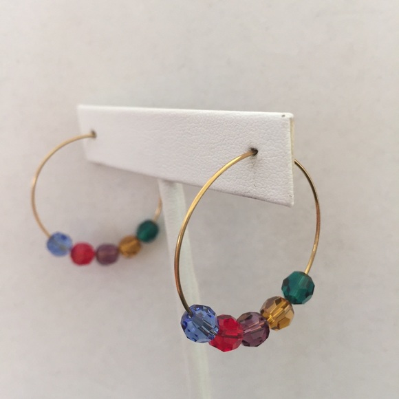 HAND CRAFTED Hoop Earrings Jewel-tone Swarovski Crystals Goldtone Hoops Rainbow - Picture 5 of 12